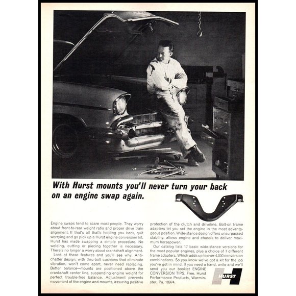 1968 Hurst Motor Engine Mounts Vintage Print Ad Mechanic Tool Chest Wall Art - Picture 1 of 1